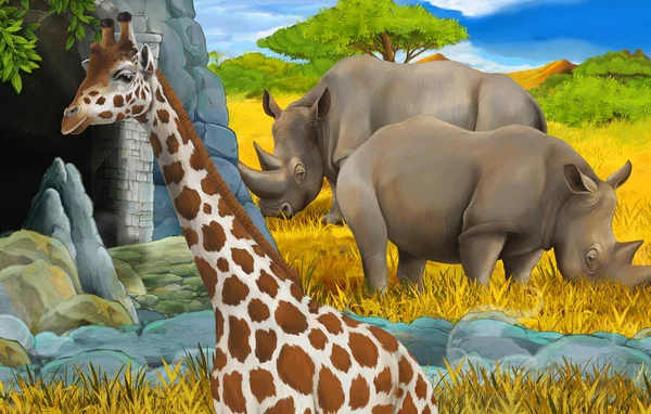 cartoon wildlife safari scene with lion and giraffe illustration