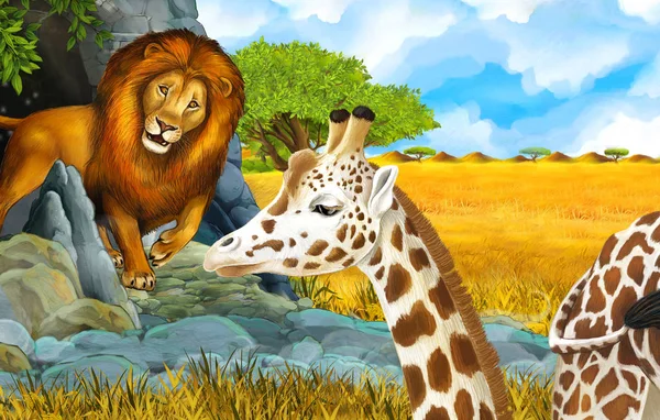 cartoon wildlife safari scene with lion and giraffe illustration