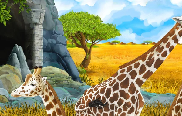 Animowana scena safari przyrody z lwem i żyrafą ilustracja — Zdjęcie stockowe