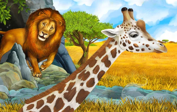 cartoon wildlife safari scene with lion and giraffe illustration
