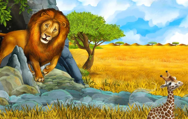Desenho animado cena safári vida selvagem com leão e girafa ilustração — Fotografia de Stock