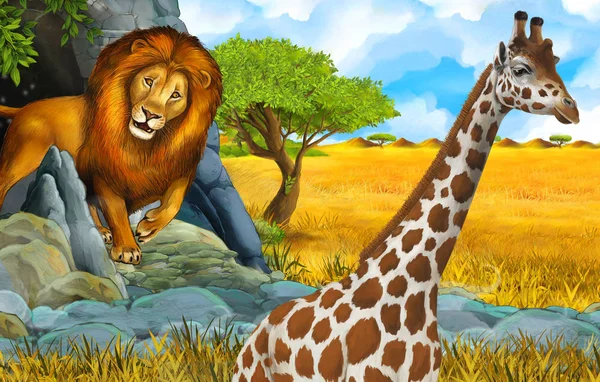 cartoon wildlife safari scene with lion and giraffe illustration