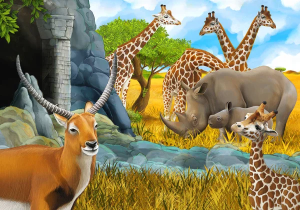 cartoon safari scene with giraffes on the meadow near some mount