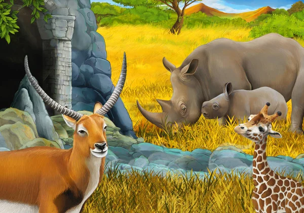 Cartoon safari scene with rhino and giraffe on the meadow near s — ストック写真