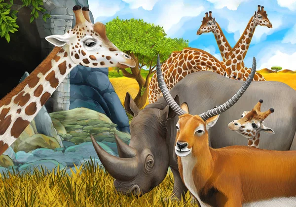 Rajzfilm szafari jelenet orrszarvú orrszarvú és zsiráfok a m — Stock Fotó