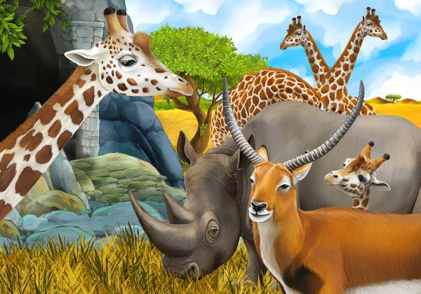 Cartoon-Safari-Szene mit Nashorn und Giraffen auf dem m — Stockfoto