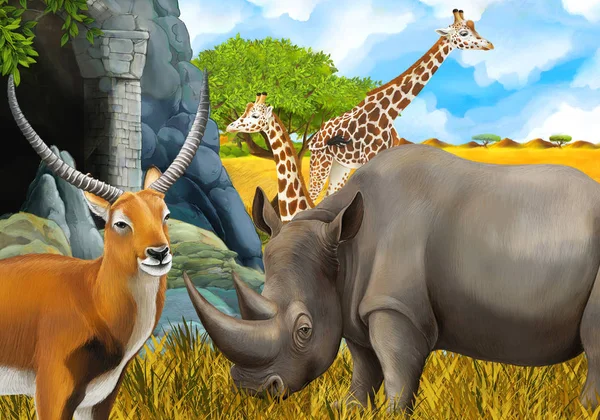 Escena de safari de dibujos animados con rinoceronte y jirafa en el prado cerca s —  Fotos de Stock