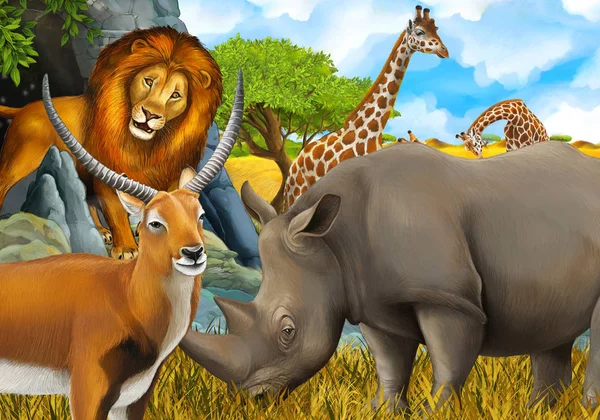 cartoon safari scene with lion rhino and giraffe on the meadow n