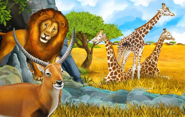 近くの牧草地にライオンとキリンのいる漫画サファリシーン — ストック写真