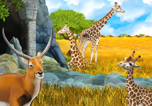 Cartoon-Safari-Szene mit Giraffen auf der Wiese in der Nähe eines Berges — Stockfoto