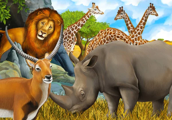 cartoon safari scene with lion rhino and giraffe on the meadow n