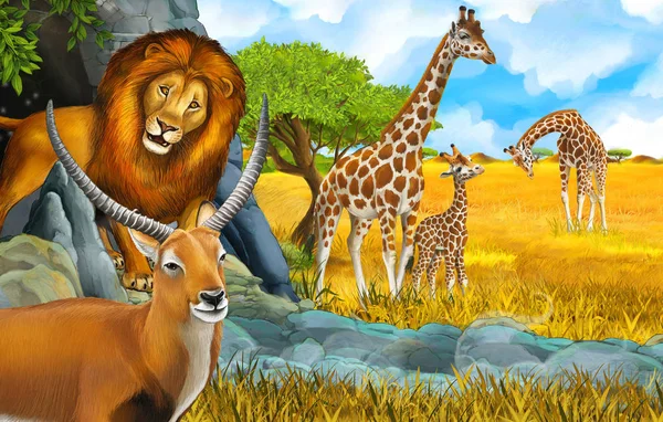 cartoon safari scene with lion and giraffe on the meadow near so