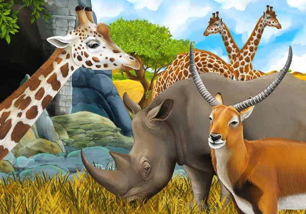 Tecknad safari scen med noshörning och giraff på ängen nära s — Stockfoto
