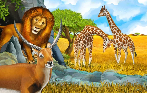 cartoon safari scene with lion and giraffe on the meadow near so