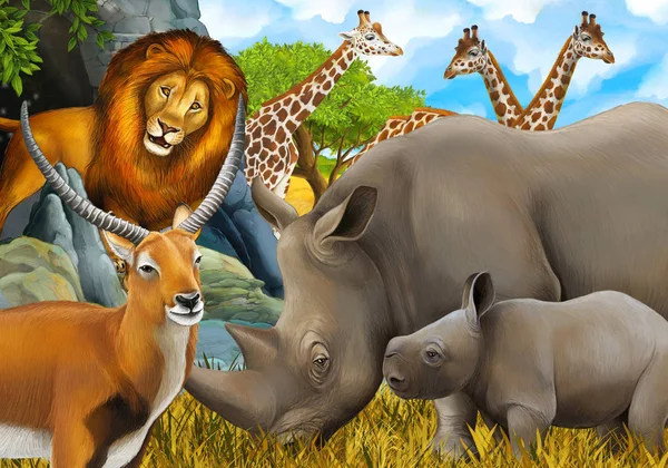 Cartoon safari scene with lion rhino and giraffe on the meadow n — Stock Photo, Image