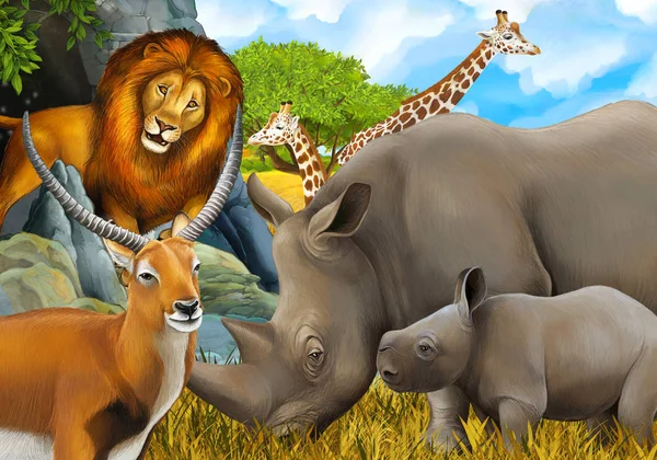 Cartoon safari scene met leeuw neushoorn en giraffe op het weitje n — Stockfoto