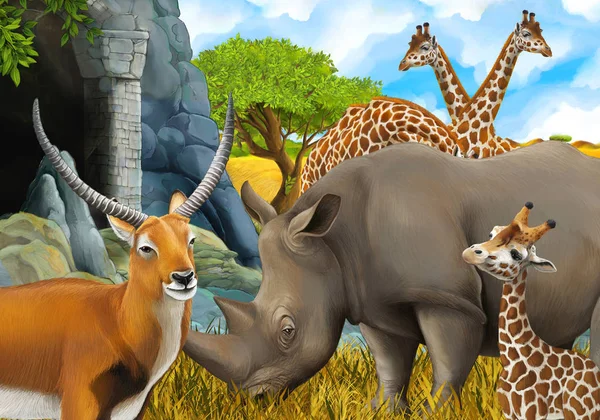 cartoon safari scene with rhinoceros rhino and giraffes on the m