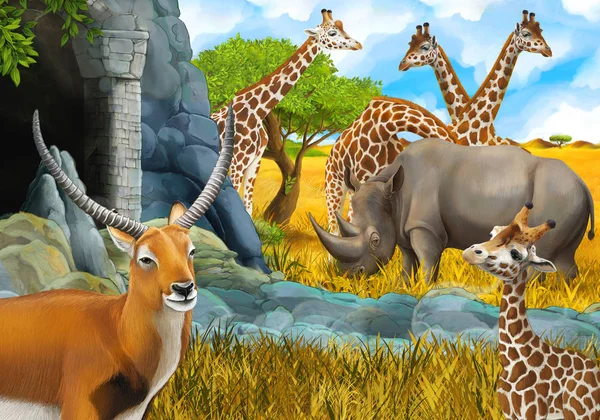 Cartoon safari scene with giraffes on the meadow near some mount — Stock Photo, Image