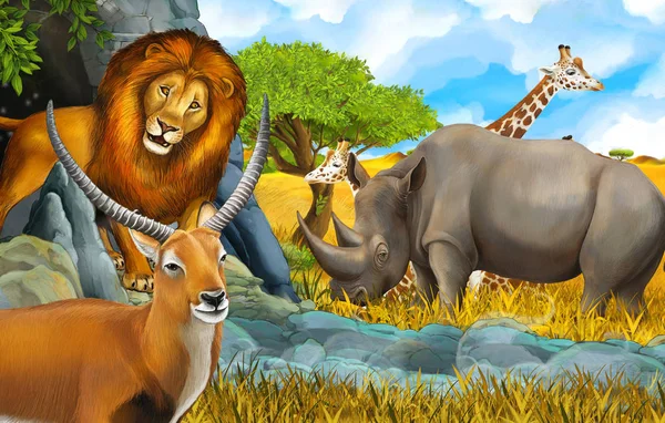 Escena de safari de dibujos animados con rinoceronte león y jirafa en el prado n —  Fotos de Stock
