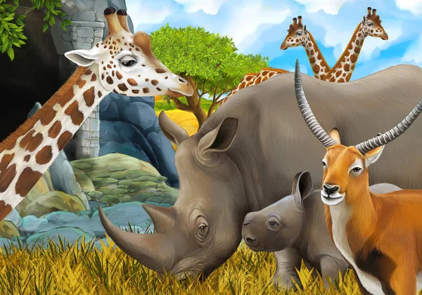 cartoon safari scene with rhino and giraffe on the meadow near s