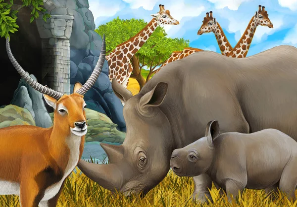 cartoon safari scene with rhinoceros rhino and giraffes on the m
