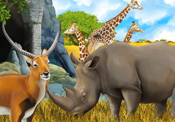 Cartoon-Safari-Szene mit Nashorn und Giraffe auf der Wiese in der Nähe — Stockfoto