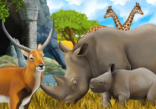 Cartoon-Safari-Szene mit Nashorn und Giraffe auf der Wiese in der Nähe — Stockfoto