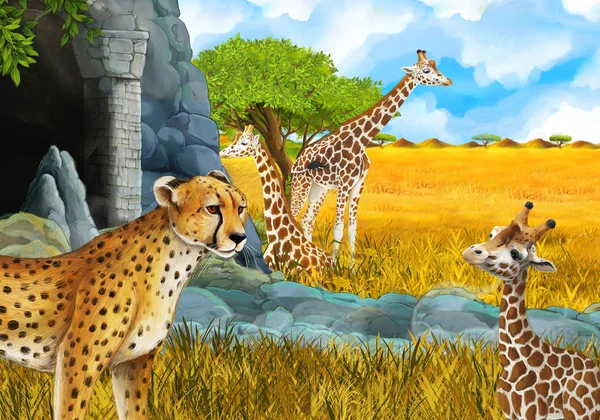 Scena dei cartoni animati con giraffe e ghepardo sul prato vicino a qualche safari di montagna illustrazione per bambini — Foto Stock