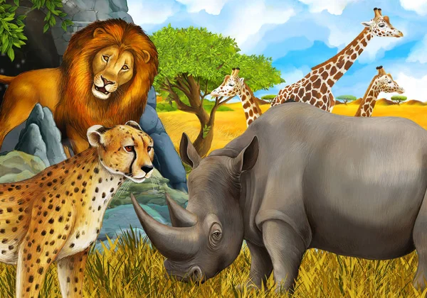 Cartoon scene with giraffes rhinoceros rhino and cheetah on the meadow near some mountain safari illustration for children — ストック写真