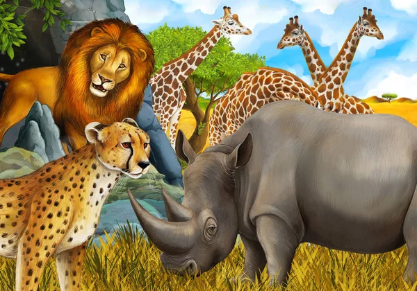 Kreslená scéna s nosorožcem nosorožcem a gepardem na louce poblíž nějaké horské safari ilustrace pro děti — Stock fotografie