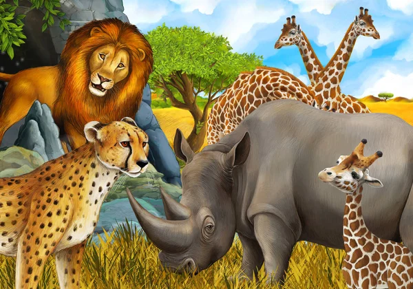 Мультфильм сцена с жирафами носорог и гепард на лугу возле некоторых горных сафари иллюстрации для детей — стоковое фото