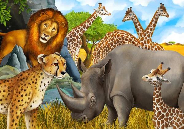 Scena dei cartoni animati con rinoceronte giraffe e ghepardo sul prato vicino a qualche safari di montagna illustrazione per bambini — Foto Stock