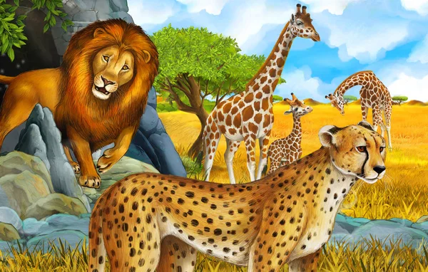 cartoon scene with giraffes and cheetah on the meadow near some mountain safari illustration for children