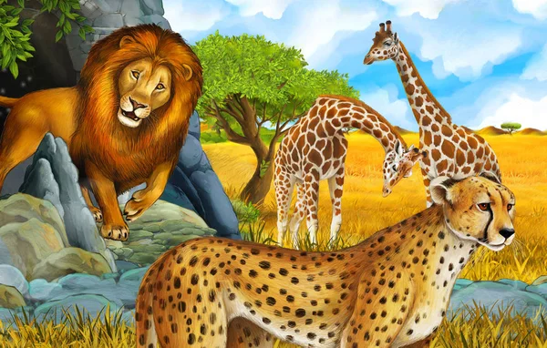 Scena dei cartoni animati con giraffe e ghepardo sul prato vicino a qualche safari di montagna illustrazione per bambini — Foto Stock