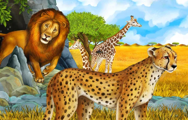 卡通片中的长颈鹿和猎豹在草地上，靠近一些为孩子们提供的山地狩猎图解 — 图库照片