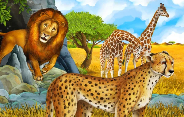 Escena de dibujos animados con jirafas y guepardo en el prado cerca de un safari de montaña ilustración para niños —  Fotos de Stock