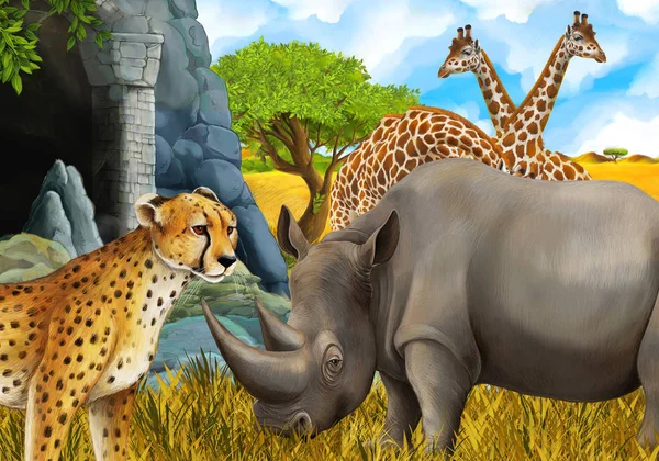Cartoon scene with giraffes rhinoceros rhino and cheetah on the meadow near some mountain safari illustration for children — ストック写真