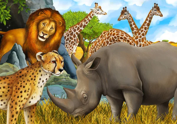 Cartoon scene with giraffes rhinoceros rhino and cheetah on the meadow near some mountain safari illustration for children — ストック写真