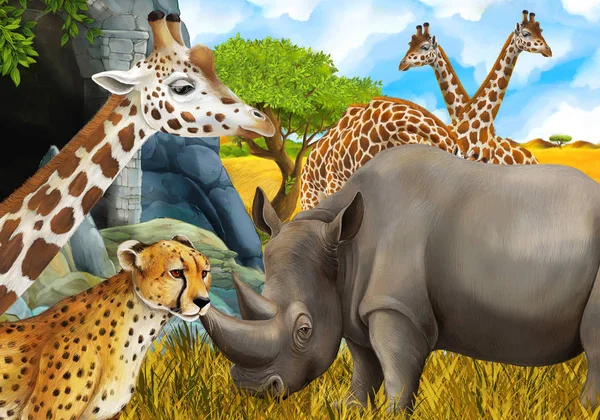 Cartoon scene with giraffes rhinoceros rhino and cheetah on the meadow near some mountain safari illustration for children — Stock Photo, Image