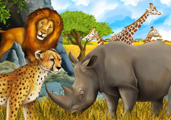 Kreslená scéna s nosorožcem nosorožcem a gepardem na louce poblíž nějaké horské safari ilustrace pro děti — Stock fotografie