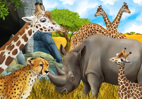 Cartoon scene with giraffes rhinoceros rhino and cheetah on the meadow near some mountain safari illustration for children — Stock Photo, Image