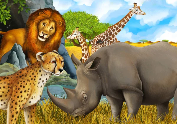 Cena dos desenhos animados com girafas rinocerontes rinoceronte e chita no prado perto de alguma ilustração de safári de montanha para crianças — Fotografia de Stock