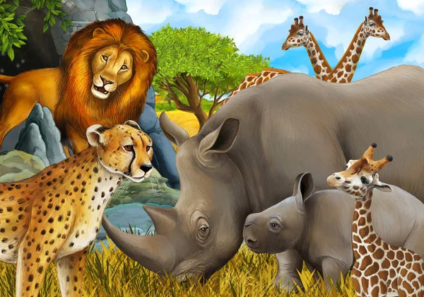 Cartoon scene with giraffes rhinoceros rhino and cheetah on the meadow near some mountain safari illustration for children — 图库照片