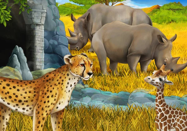 Scena z kreskówek z żyrafami nosorożec nosorożec i gepard na łące w pobliżu jakiegoś górskiego safari ilustracja dla dzieci — Zdjęcie stockowe