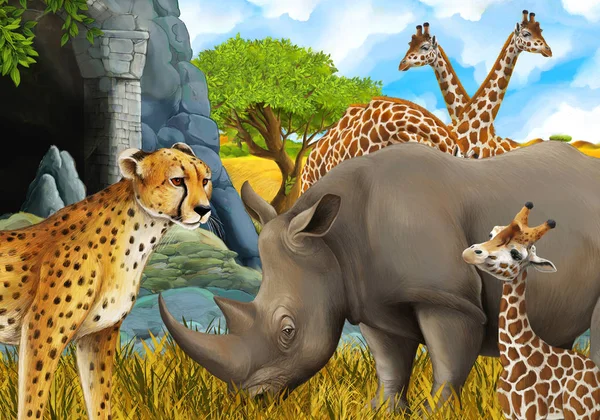 Cartoon scene with giraffes rhinoceros rhino and cheetah on the meadow near some mountain safari illustration for children — ストック写真
