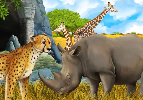 Cartoon scene with giraffes rhinoceros rhino and cheetah on the meadow near some mountain safari illustration for children — ストック写真