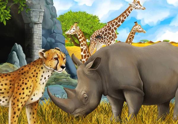 Cartoon scene with giraffes rhinoceros rhino and cheetah on the meadow near some mountain safari illustration for children — ストック写真