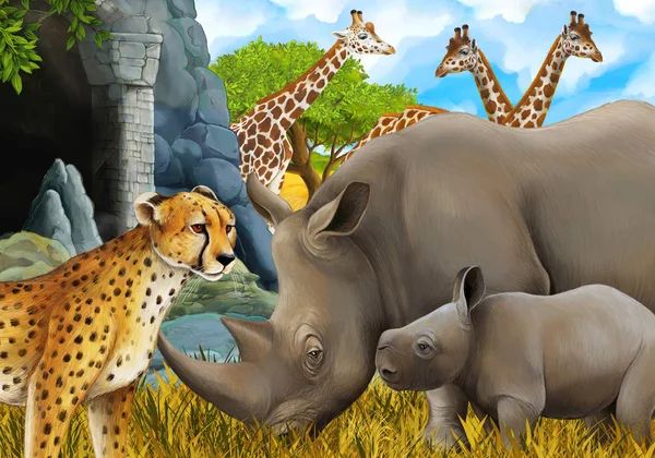 Cartoon scene with giraffes rhinoceros rhino and cheetah on the meadow near some mountain safari illustration for children — ストック写真