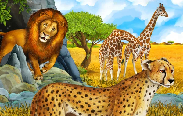 Scena z kreskówek z żyrafami i gepardem na łące w pobliżu jakiegoś górskiego safari ilustracja dla dzieci — Zdjęcie stockowe