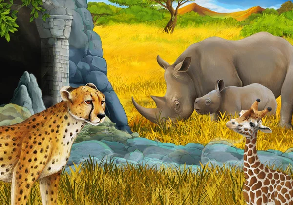 Σκηνή κινουμένων σχεδίων με καμηλοπαρδάλεις ρινόκερος ρινόκερος και τσίτα στο λιβάδι κοντά σε κάποια εικόνα σαφάρι βουνό για τα παιδιά — Φωτογραφία Αρχείου
